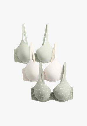 Fünf leicht gepolsterte Damen-BHs in Hellgrün, Beige und Hellgrün mit weißem Blumenmuster, mit verstellbaren Trägern und Bügelunterstützung.