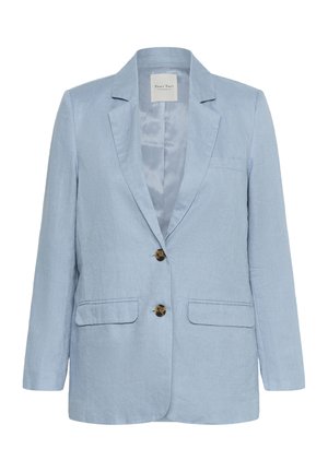 Světle modrý lněný blazer s klopou, dvěma předními kapsami a dvouknoflíkovým zapínáním. Hladká podšívka, uvolněný střih.