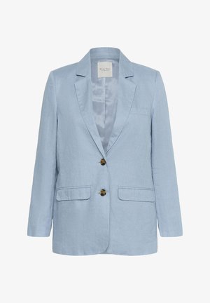 Lichtblauwe linnen blazer met een notch lapel, twee voorzakken en een dubbele knoopsluiting. Glad binnenvoering, ontspannen pasvorm.
