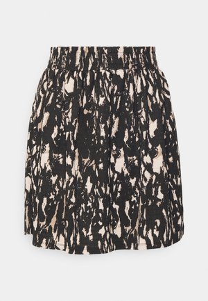 Zwart-beige rok met abstract patroon, elastische gerimpelde tailleband en licht uitlopende silhouet.