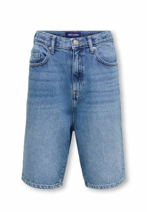 Lyseblå denimshorts med forlommer, bæltestropper, knaplukning og "ONLY & SONS"-label på det inderste linning.
