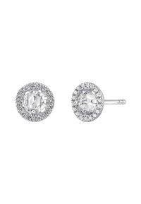 Pendientes redondos con una gema central clara, rodeada de piedras pequeñas y claras, montadas en un metal plateado pulido. Diseño clásico y elegante.