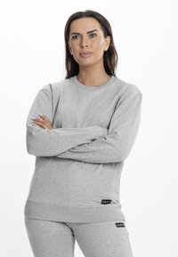 Sivi dukserica izrađena od mekog materijala, s okruglim izrezom, dugim rukavima, rebrastim manžetama i bočnim oznakama s detaljima brenda.
