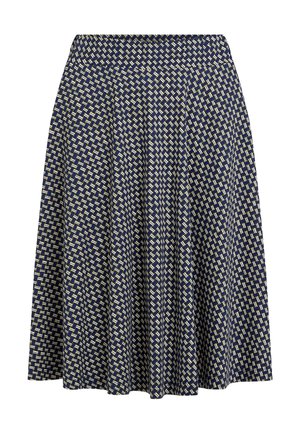 Granatowa spódnica z geometrycznym złotym wzorem, wykonana z lekkiej tkaniny, o fakturowanej powierzchni i elastycznym pasie dla wygody.