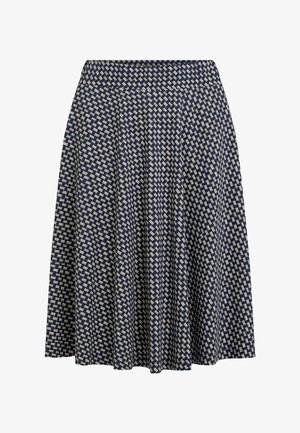 Falda azul marino con patrón geométrico dorado, confeccionada con tela ligera, con acabado texturizado y cintura elástica para mayor comodidad.