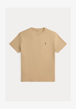 T-shirt beige manches courtes à col rond avec petit logo Polo Ralph Lauren brodé sur la poitrine gauche.
