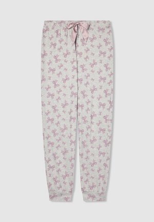 Pantaloni da pigiama grigio chiaro con pattern di fiocchi rosa e un cordoncino in satin rosa legato in vita, con caviglie cuffiate, distesi su uno sfondo bianco.