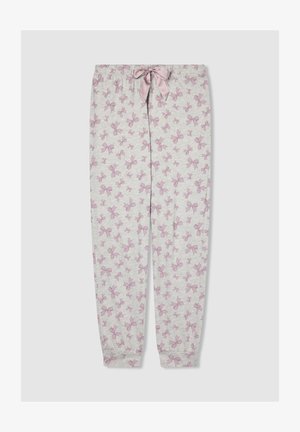 Pantaloni da pigiama grigio chiaro con pattern di fiocchi rosa e un cordoncino in satin rosa legato in vita, con caviglie cuffiate, distesi su uno sfondo bianco.