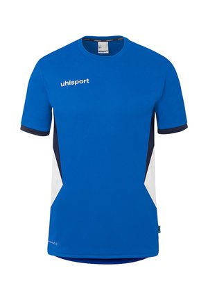 Blue short-sleeve sports shirt with white and dark blue side panels, crew neck, and "uhlsport" logo on the chest.