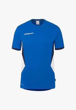 Blaues Sportshirt mit kurzen Ärmeln, weißen und dunkelblauen Seitenteilen, Rundhalsausschnitt und "uhlsport"-Logo auf der Brust.
