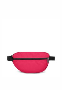 Borsetta in tessuto rosa a forma curva, con chiusura zip nera e tracolla regolabile. Tessuto liscia con un design minimalista.