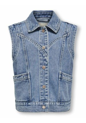 Lyseblå denimvest med krave, ærmeløs design, forlommer og sølvknapper. Har syninger i toppen og en struktureret form.