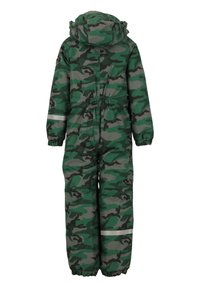 Groen camouflage eendelig pak met een capuchon, elastische manchetten en reflecterende strepen. Gemaakt van duurzaam, waterafstotend materiaal.