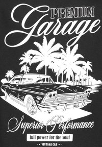 Schwarzes Grafik-T-Shirt mit einem Vintage-Auto-Design, weißen Silhouetten von Palmen und dem Text: "Premium Garage," "Überlegene Leistung" und "volle Kraft für die Seele."