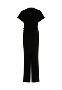 Schwarzer Samt-Jumpsuit mit kurzen Ärmeln, weitem Bein Design, Rückenreißverschluss und taillierter Passform. Weiche Textur mit glatter Oberfläche.