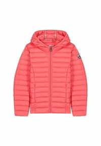 Giacca imbottita corallo con cappuccio, caratterizzata da trapuntatura orizzontale, zip frontale e due tasche laterali. Patch con logo sulla manica sinistra.