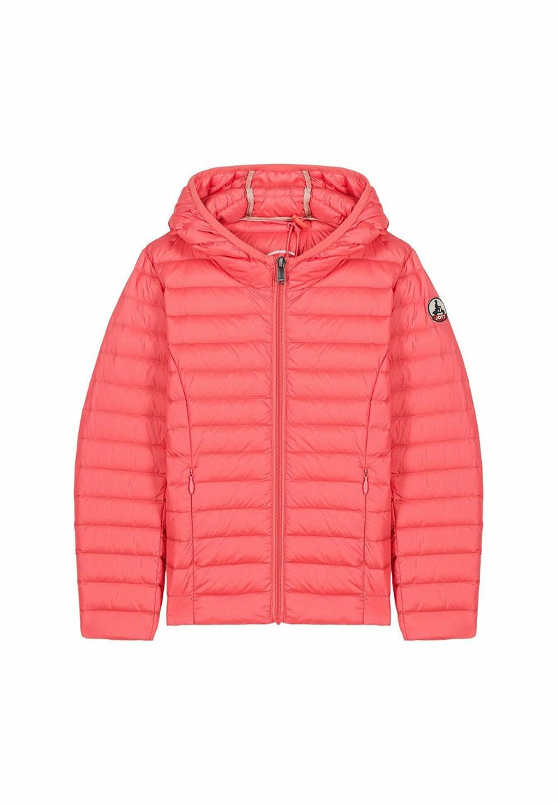 Giacca imbottita corallo con cappuccio, caratterizzata da trapuntatura orizzontale, zip frontale e due tasche laterali. Patch con logo sulla manica sinistra.