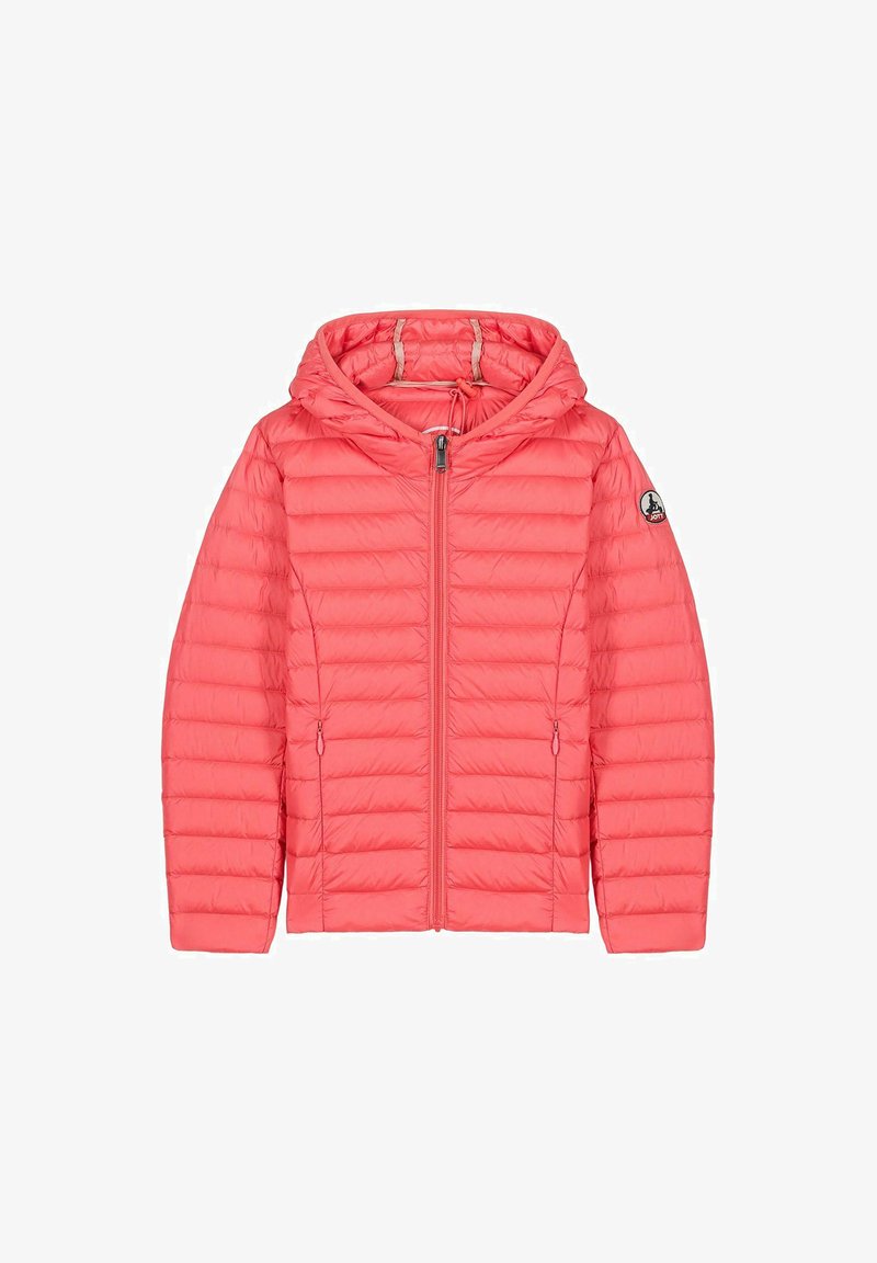 Chaqueta acolchada coral con capucha, con acolchado horizontal, cremallera frontal y dos bolsillos laterales. Parche de logo en la manga izquierda.