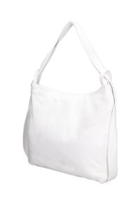 Witte leren schoudertas met een gladde textuur, een enkele brede schouderband en een slouchy ontwerp. Geen zichtbare hardware of patronen.