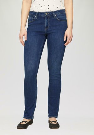 Vaqueros ajustados de denim azul oscuro, con un diseño clásico de cinco bolsillos, cremallera frontal y un ajuste ceñido a lo largo de la pierna.