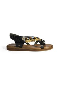Schwarze Ledersandale mit goldenen und blauen Perlenakzenten, einer flachen braunen Sohle und einem Schnallenriemen für einen sicheren Sitz. Verfügt über ein offenes Design.