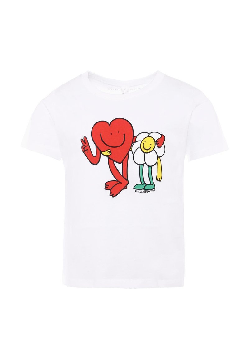 T-shirt en coton blanc avec un personnage de cœur rouge faisant un geste de paix à côté d'un personnage de fleur souriant avec des accents jaunes et verts.