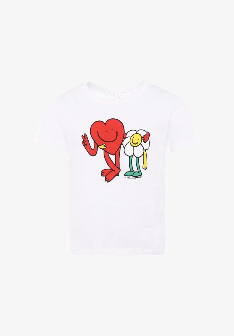 T-shirt en coton blanc avec un personnage de cœur rouge faisant un geste de paix à côté d'un personnage de fleur souriant avec des accents jaunes et verts.