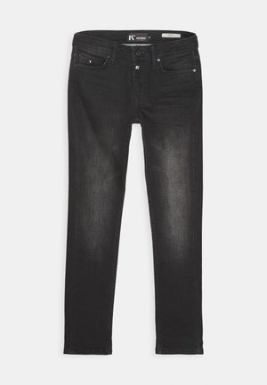 Sorte denim jeans med slim fit, klassisk fem-lommer design, diskret falmning og et mærket taljebånd.