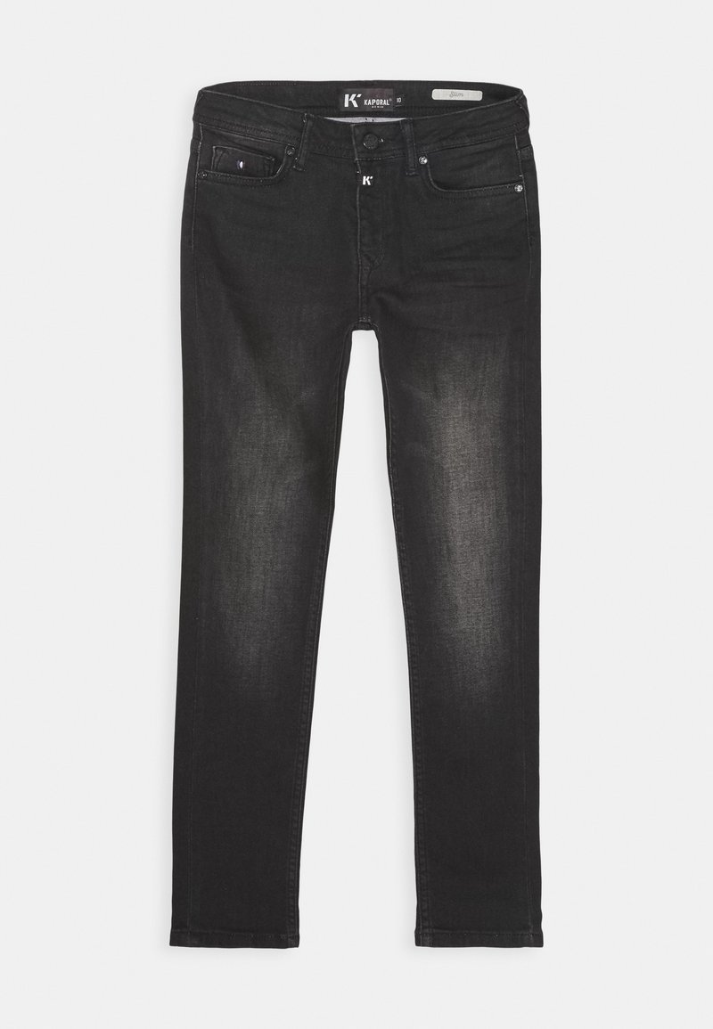 Zwarte denim jeans met een slim fit, klassiek vijf-pocket ontwerp, subtiele vervaging en een merkembleem op de tailleband.