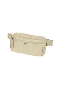 Borsa in vita beige realizzata in tessuto resistente, dotata di una tasca frontale con zip, tracolla regolabile e design minimalista con un piccolo logo del brand.