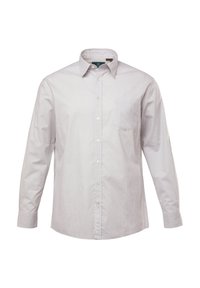 Camicia bianca con un motivo geometrico blu chiaro, maniche lunghe, taschino sul petto e colletto classico.