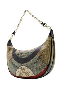 Hobo bag featuring a patterned faux leather exterior with gold hardware, a chain strap, and a curved shape in earthy tones.