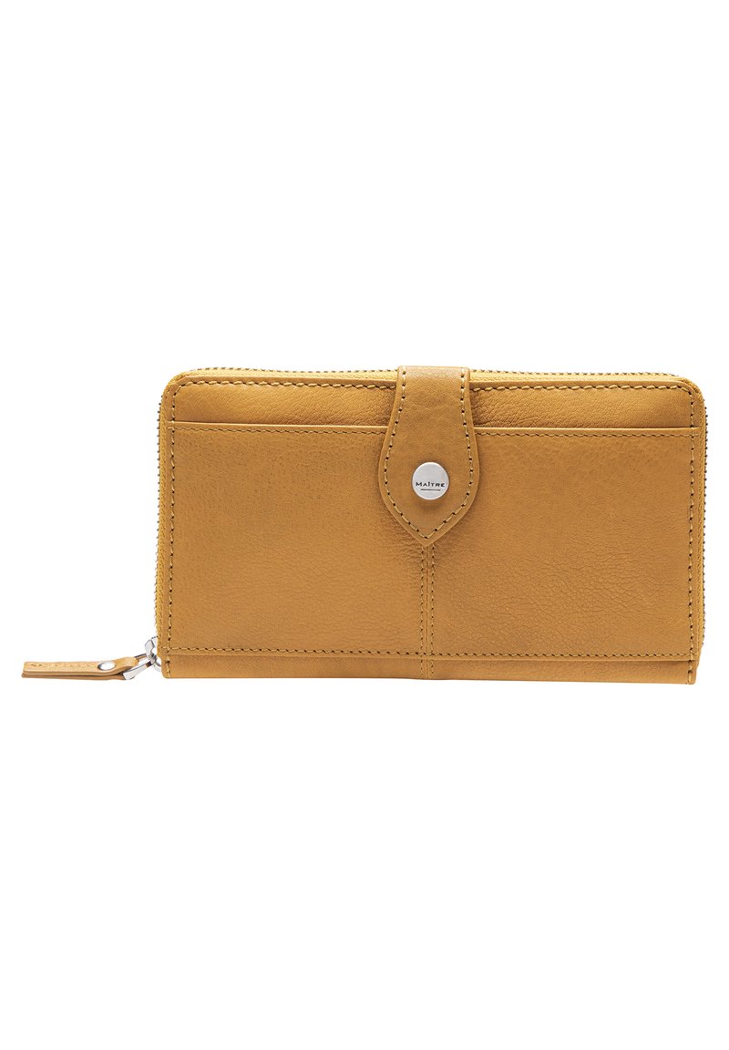 Yellow leather wallet with textured surface, zip closure, and front snap button. Features a tag with branding detail.
