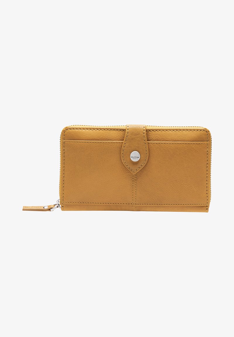Yellow leather wallet with textured surface, zip closure, and front snap button. Features a tag with branding detail.