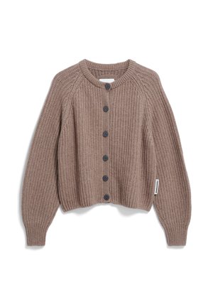 Brown knitted cardigan with a ribbed texture, round neckline, front button closure, and long sleeves. Features dark buttons and side tag.