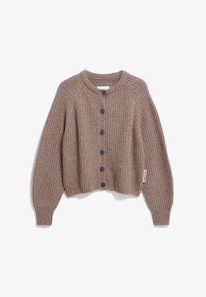 Brown knitted cardigan with a ribbed texture, round neckline, front button closure, and long sleeves. Features dark buttons and side tag.