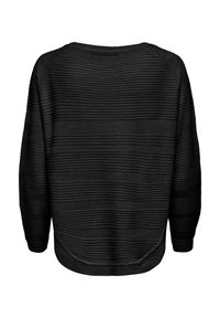 Schwarzer Pullover mit horizontaler Rippstruktur, weitem Boot-Ausschnitt und überschnittenen Schultern. Die Rückansicht zeigt einen abgerundetem Saum.