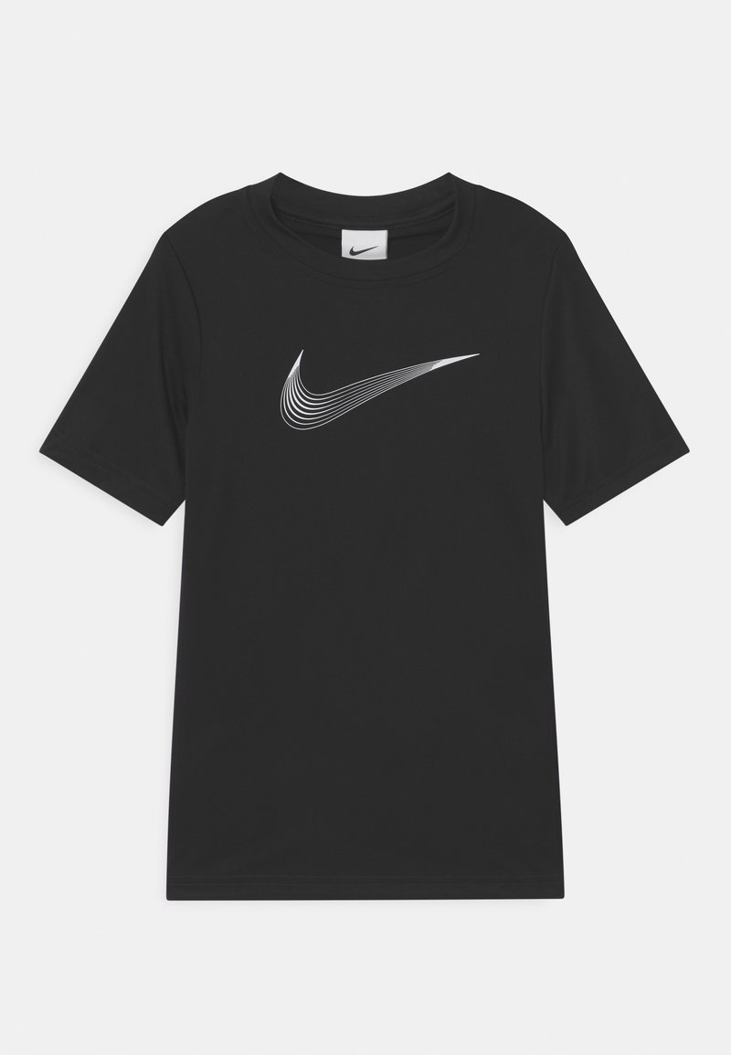 Svart kortärmad Nike t-shirt med en vit flerlinjig swoosh-logotyp centrerad på bröstet mot en enfärgad bakgrund.