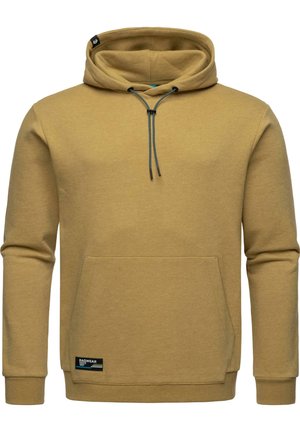 Mustard yellow hoodie made of soft cotton blend, featuring a front pocket, adjustable drawstring hood, and ribbed cuffs. Brand label on hem.