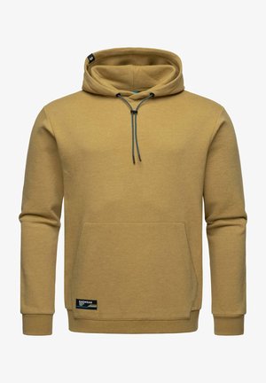 Senfgelbes Hoodie aus weichem Baumwollmix, mit einer Fronttasche, verstellbarem Kordelzug an der Kapuze und gerippten Bündchen. Markenlabel am Saum.