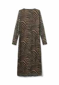 Lang, gennemsigtig kjole i brun med et sort zebra print. Har lange ærmer og en rund halsudskæring, med en løs, flydende form.