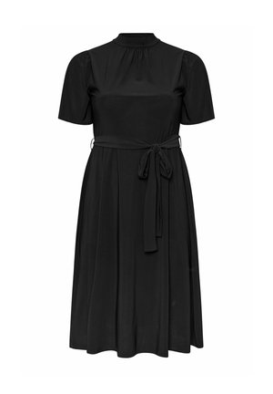 Schwarzes kurzärmliges Kleid mit hohem Ausschnitt, gefalteten Details und einem passenden Bindegürtel in der Taille. Glattes Material mit einem schwingenden Rock.