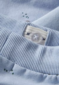 Gaiši zils kokvilnas apģērbs ar ribotu apkakli un dekoratīvo pogu. Iekļauj smalku zaļu izšuvumu un gludu tekstūru.