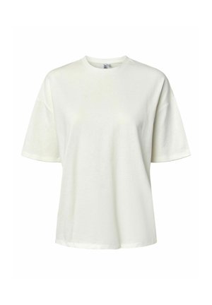 Jednostavna bijela majica s kratkim rukavima i okruglim izrezom, širokog kroja, prikazana na bijeloj pozadini.