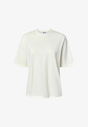 Jednostavna bijela majica s kratkim rukavima i okruglim izrezom, širokog kroja, prikazana na bijeloj pozadini.