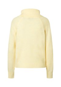 Yellow pullover sweater featuring a high collar, ribbed cuffs and hem, and a soft, textured fabric. Back view, with raglan sleeves.