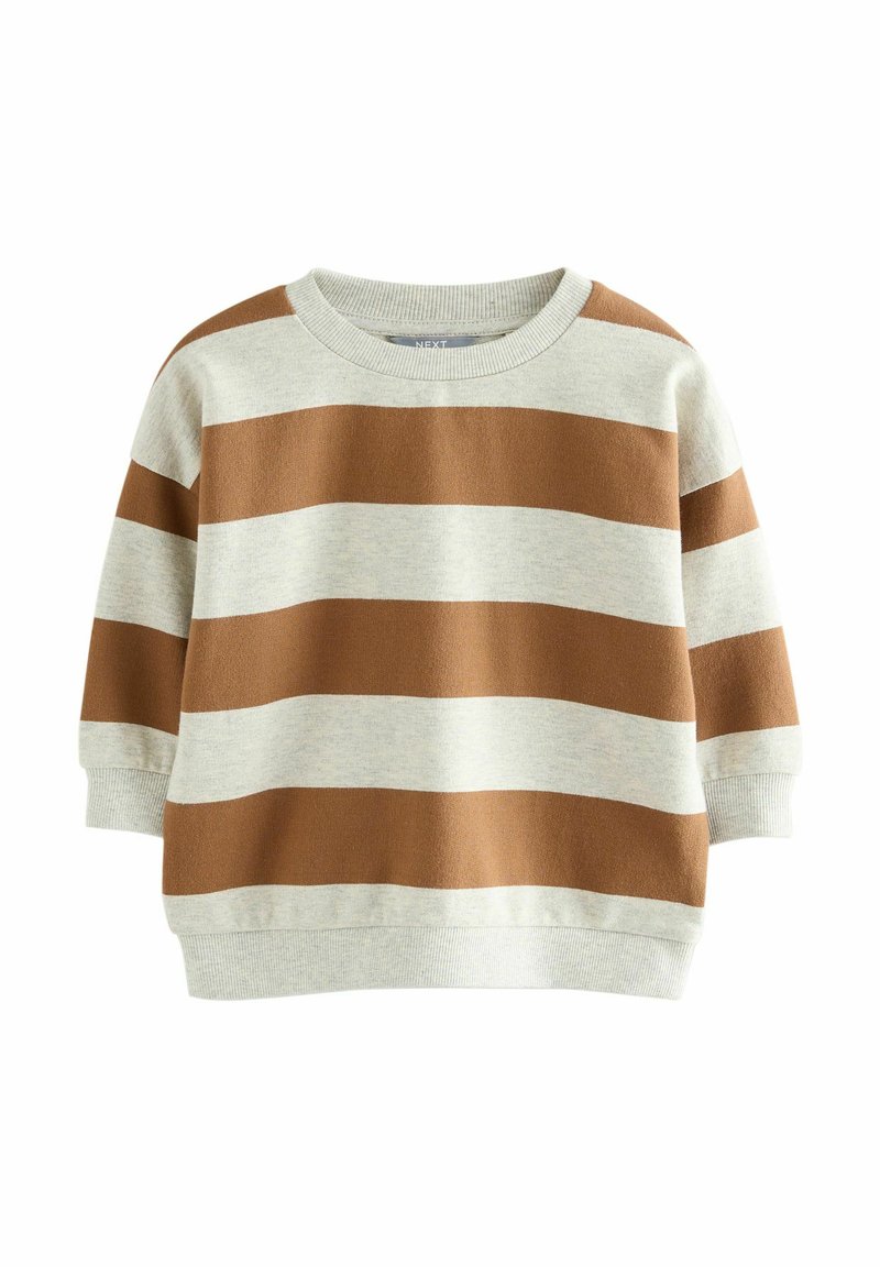 Kortærmet sweater med brede brune og beige vandrette striber samt ribbet rund hals, manchetter og kant.