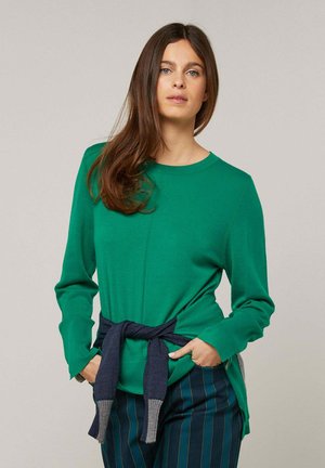 Femme aux longs cheveux bruns portant un pull vert, un pull bleu marine noué à la taille et un pantalon bleu à rayures, debout les mains dans les poches.
