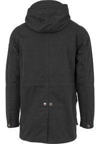 Giacca nera con cappuccio, dal taglio dritto, con una texture liscia, due bottoni a pressione metallici sul retro e maniche lunghe.