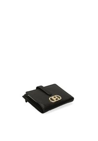 Black leather wallet with a gold hardware accent, featuring a flap closure and a streamlined rectangular shape. Textured surface.